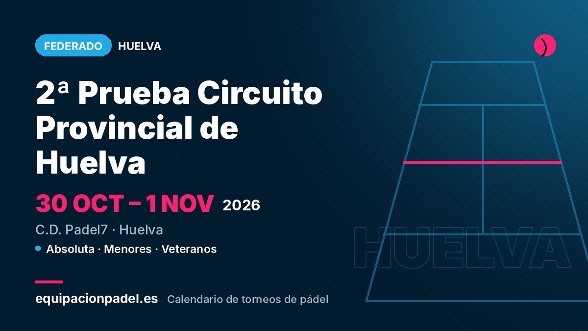 2ª Prueba Circuito Provincial de Huelva 2026: torneo de pádel federado en Huelva, del 30 de octubre al 1 de noviembre de 2026