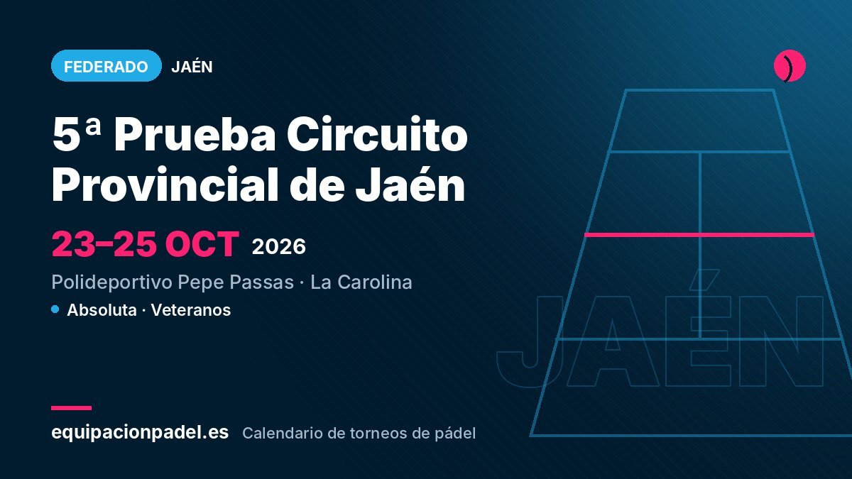 5ª Prueba Circuito Provincial de Jaén 2026: torneo de pádel federado en La Carolina (Jaén), del 23 al 25 de octubre de 2026
