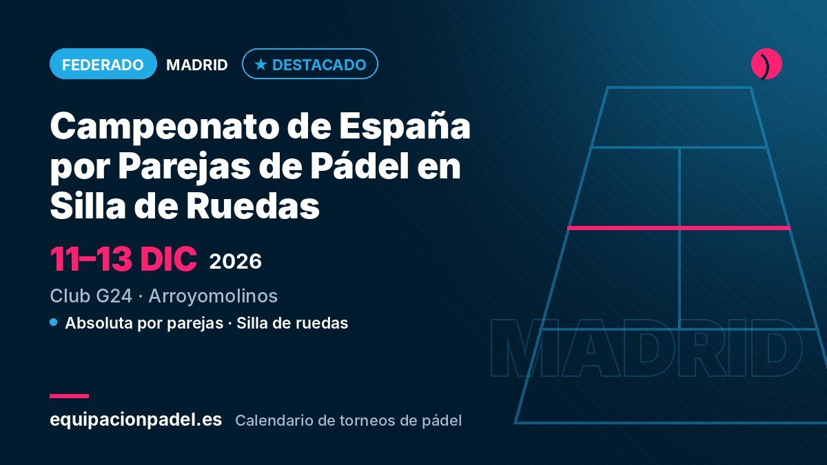Campeonato de España por Parejas de Pádel en Silla de Ruedas 2026: torneo federado en Arroyomolinos (Madrid), del 11 al 13 de diciembre de 2026